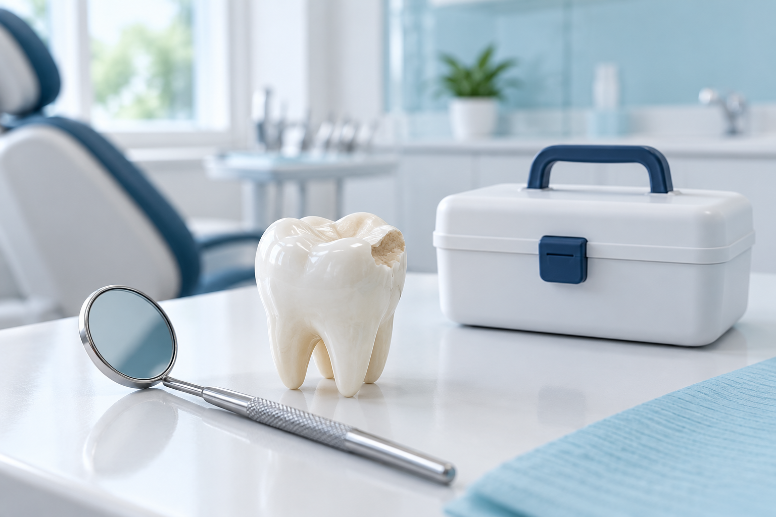Illustration of a chipped tooth model and dental care equipment