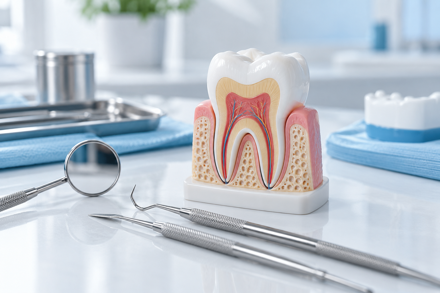 Illustration of a tooth model and examination instruments