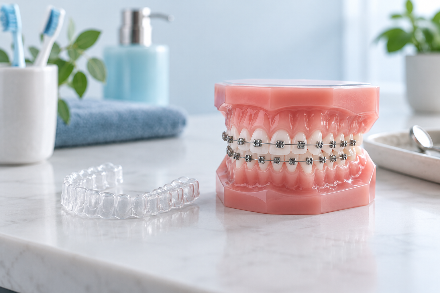 Illustration of braces and a clear aligner on dental models