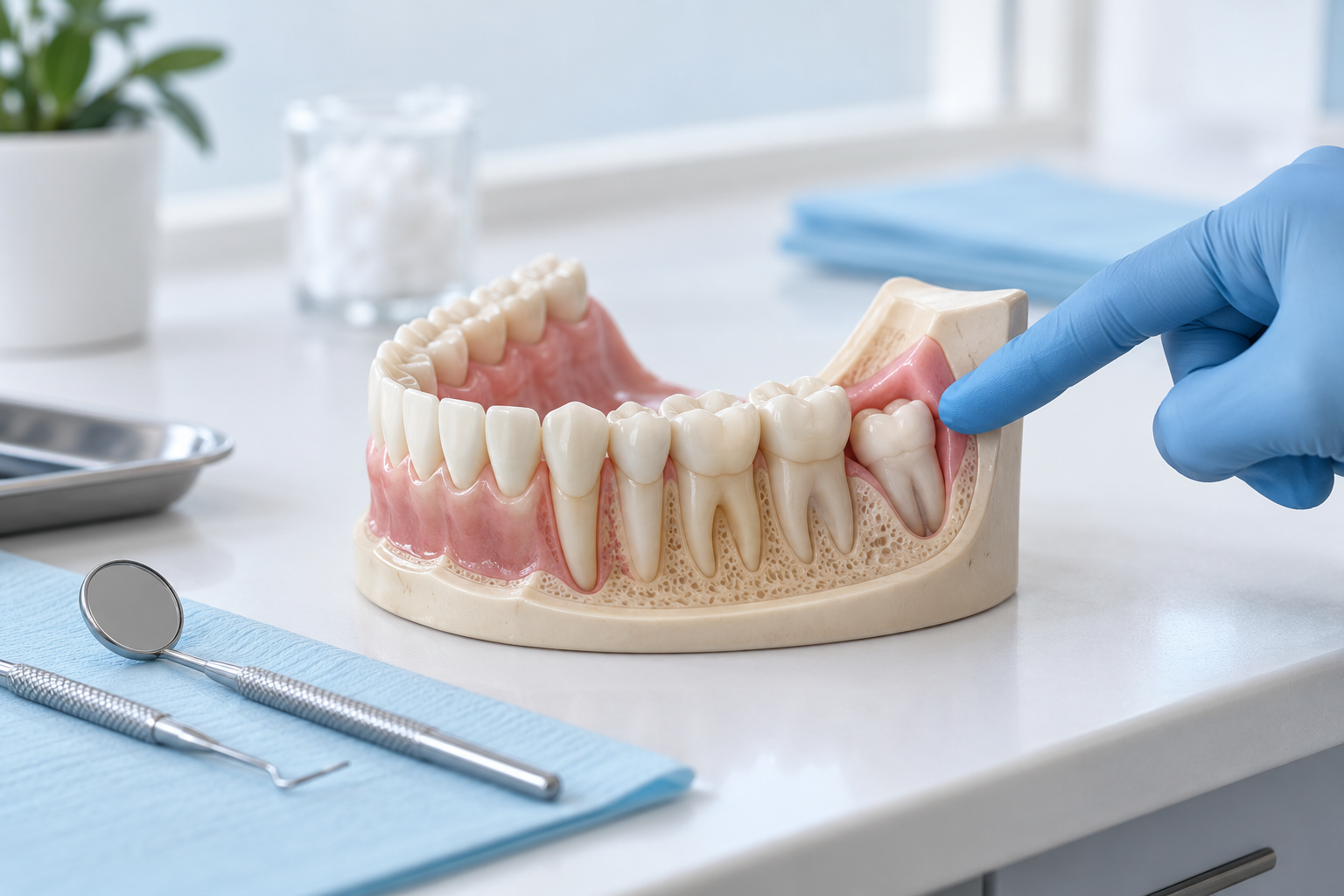 Illustration of a lower jaw model showing a wisdom tooth