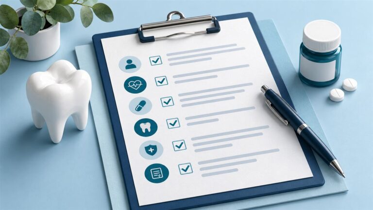 Illustration of a medical-history checklist, tooth model, medicine container and pen
