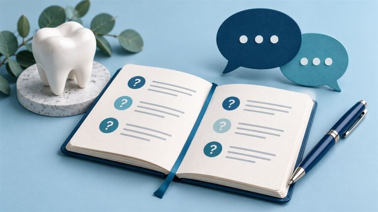 Illustration of an open question notebook, tooth model and speech bubbles